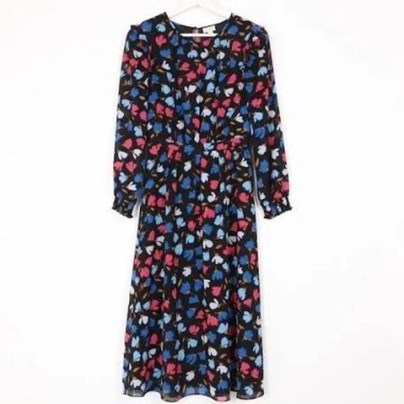 J. Crew Womens Size 8 Crinkle Ruffle Tiered Midi Dress Black Dark Floral Modest - Picture 3 of 11